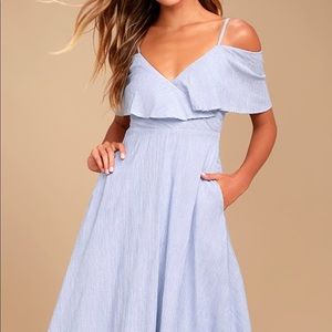 Blue and White Striped Off-the-Shoulder Midi Dress